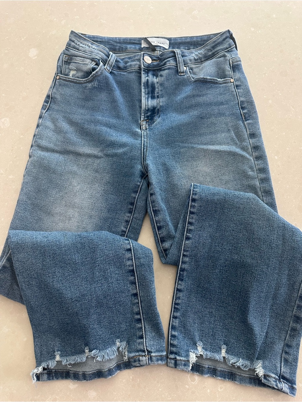 Risen Frayed Hem Ankle High Rise Straight Leg Jeans in Medium Blue size 29 - Picture 3 of 4